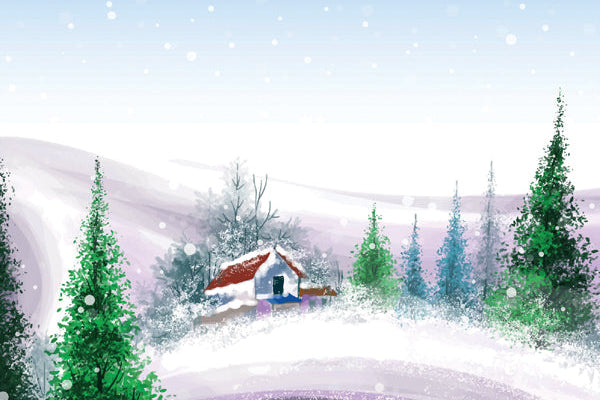 Winter scene with a house and snow-covered trees