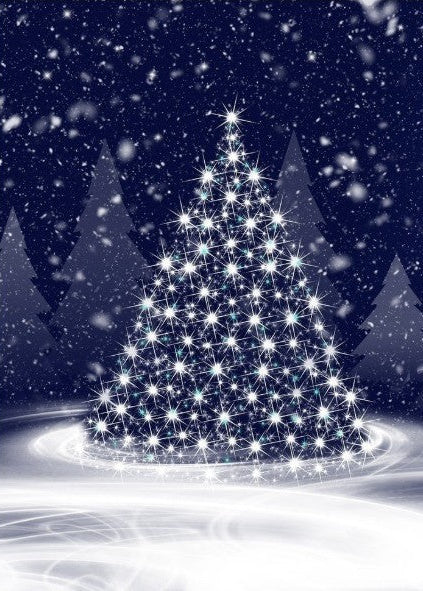 A glowing Christmas tree made of bright white star-like lights stands in a snowy winter scene with dark blue trees and falling snow in the background.