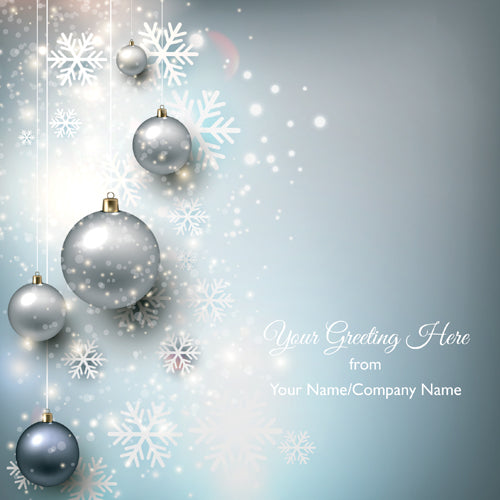 Decorative card with silver Christmas balls and snowflakes on a light blue background.