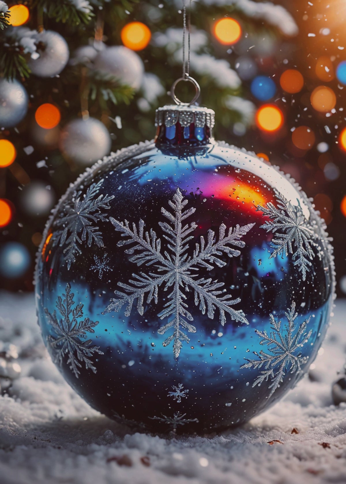 A glossy Christmas ornament ball with a blue and purple gradient and white snowflake designs, hanging in front of a blurred Christmas tree with warm lights and falling snow.
