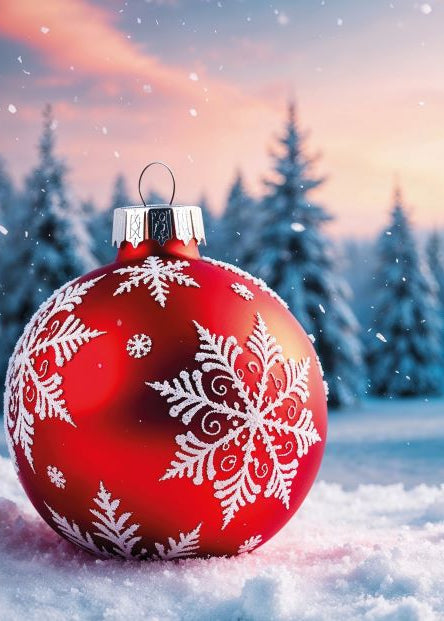 Red Christmas ball with snowflake patterns on a snowy landscape