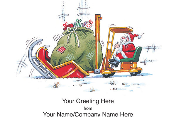 Cartoon Santa Claus with a sleigh full of gifts on a white background