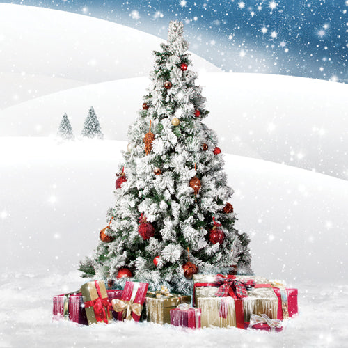Decorated Christmas tree with presents in a snowy landscape