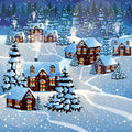 Winter village scene with snow-covered houses and trees