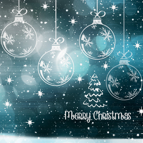 Christmas-themed design with transparent baubles and snowflakes on a dark blue background.