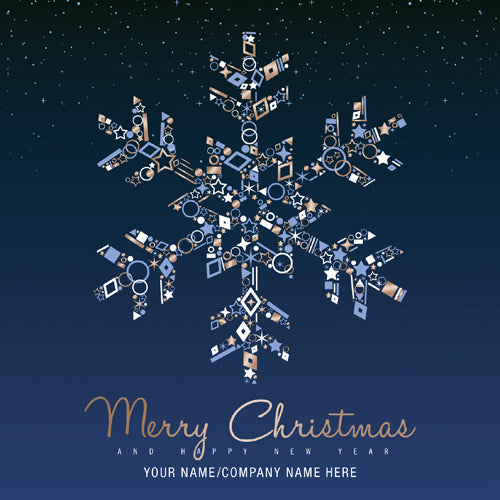 Decorative snowflake design on a dark blue background with 'Merry Christmas and Happy New Year' text.