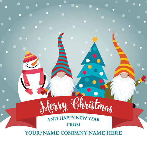 Christmas-themed design with gnomes, a snowman, and a tree on a snowy background.