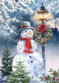 A festive winter scene painting featuring a snowman wearing a red scarf and hat, standing beside a glowing vintage street lamp decorated with a red bow and green wreath. Snow-covered trees, falling snow, and red berries are visible throughout the scene.