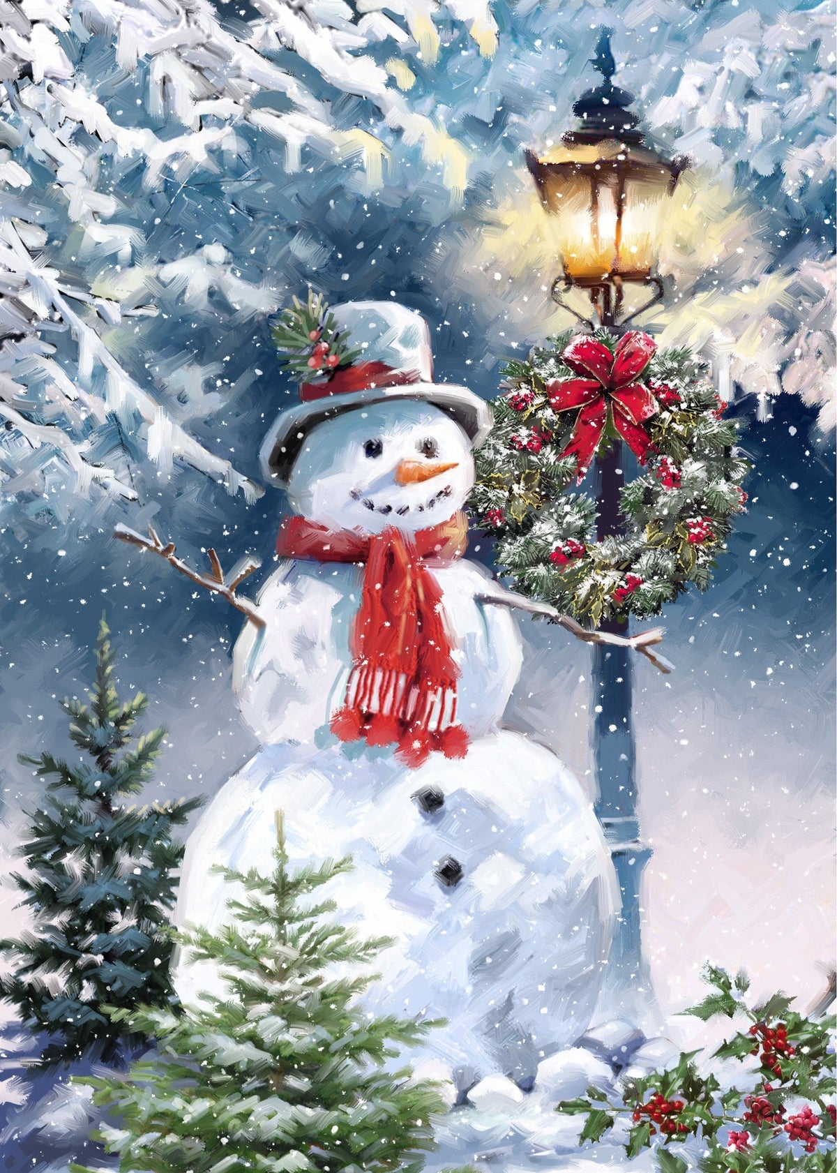 A festive winter scene painting featuring a snowman wearing a red scarf and hat, standing beside a glowing vintage street lamp decorated with a red bow and green wreath. Snow-covered trees, falling snow, and red berries are visible throughout the scene.