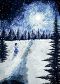 Person walking through a snowy forest with a starry night sky above