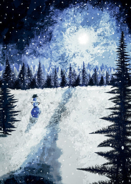 Person walking through a snowy forest with a starry night sky above