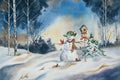 Snowman with a birdhouse and red birds in a snowy landscape with trees.