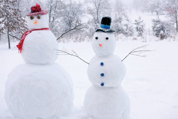 Two snowmen in a snowy landscape with trees in the background.