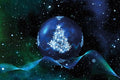 Blue crystal ball with glowing center against a starry space background