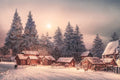 Snowy village scene with wooden houses and trees at dusk.