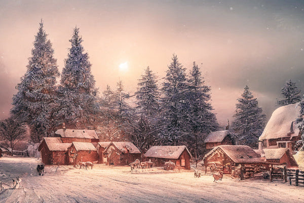 Snowy village scene with wooden houses and trees at dusk.