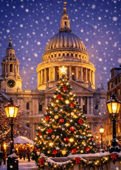A festive Christmas tree decorated with warm white and red lights stands in front of a large illuminated domed building under a snowy night sky. Street lamps glow on both sides, and snow is falling throughout the scene.