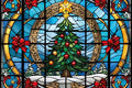 Stained glass window with Christmas tree and decorations