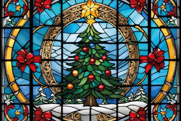 Stained glass window with Christmas tree and decorations