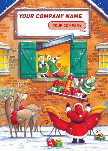 Christmas-themed promotional card with Santa Claus, reindeer, and presents in front of a house.