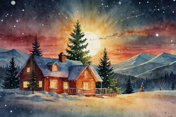 Cosy cabin in a snowy landscape with a starry night sky and full moon.
