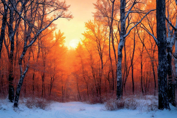 Snowy forest at sunset with orange and red hues