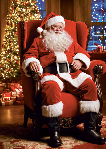 Santa Claus sitting in a chair with a Christmas tree and decorations in the background