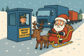 Cartoon Santa Claus in a sleigh with reindeer being stopped by an import tariff collection booth.