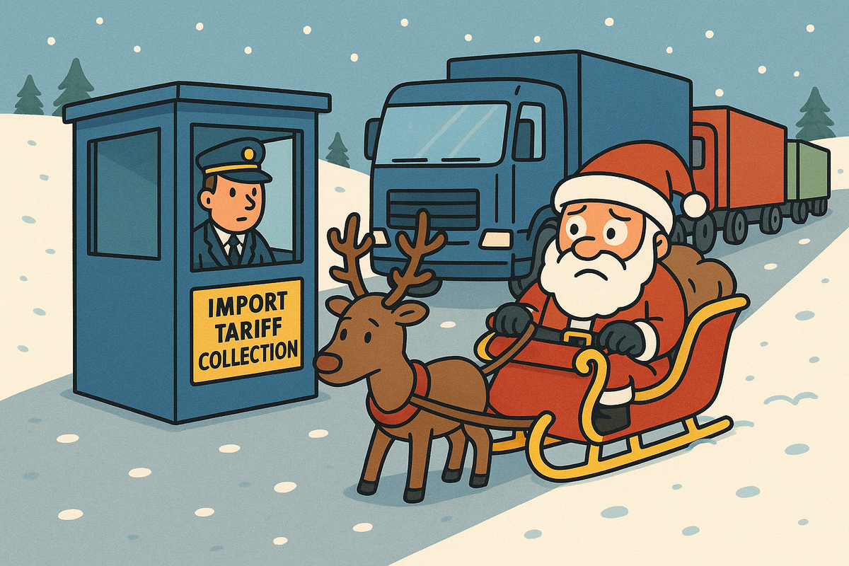 Cartoon Santa Claus in a sleigh with reindeer being stopped by an import tariff collection booth.