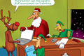 Cartoon of Santa Claus and elves working at a desk with a laptop, surrounded by tax-related items.
