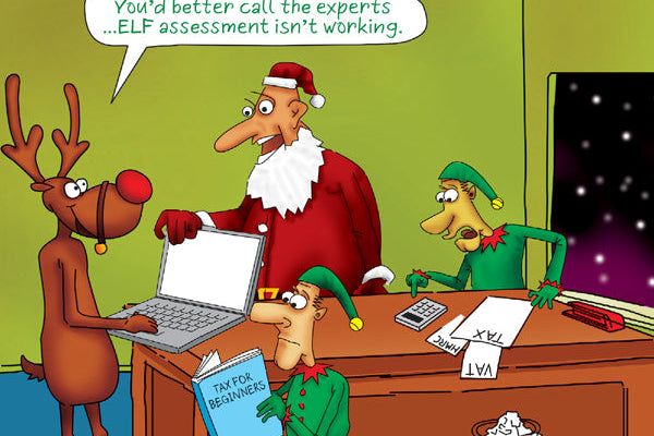 Cartoon of Santa Claus and elves working at a desk with a laptop, surrounded by tax-related items.
