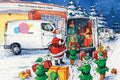 Cartoon scene with Santa Claus and elves around a delivery van in a snowy landscape.