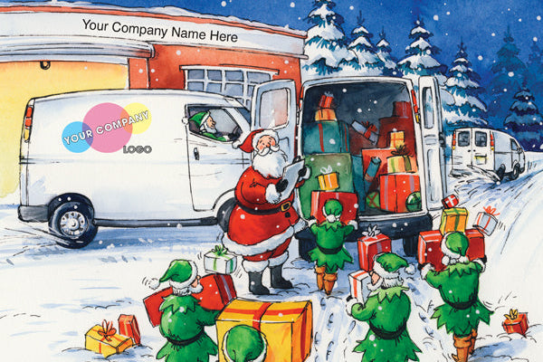 Cartoon scene with Santa Claus and elves around a delivery van in a snowy landscape.