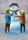 Two children building a snowman in a snowy landscape.