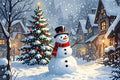 A festive winter village scene with a snowman wearing a black top hat and red scarf standing beside a decorated Christmas tree, with snow-covered houses and falling snow in the background.