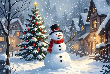 A festive winter village scene with a snowman wearing a black top hat and red scarf standing beside a decorated Christmas tree, with snow-covered houses and falling snow in the background.