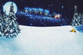 Santa Claus in a sleigh with reindeer flying over a snowy landscape at night.