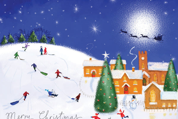 Christmas scene with Santa flying over a snowy village and people skiing.