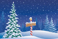 Illustration of a snowy landscape with a Christmas tree and North Pole sign.