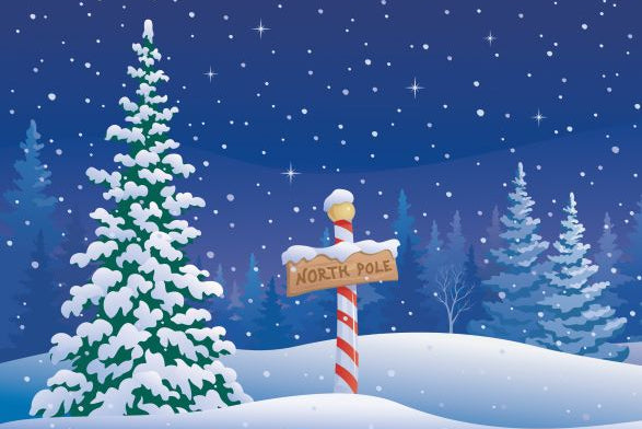 Illustration of a snowy landscape with a Christmas tree and North Pole sign.