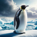 Penguin standing on ice with a cloudy sky in the background