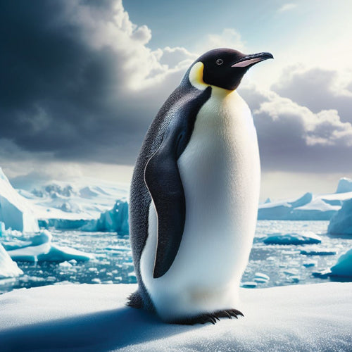 Penguin standing on ice with a cloudy sky in the background