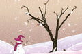 Snowman with a pink hat and scarf standing next to a tree in a snowy landscape.