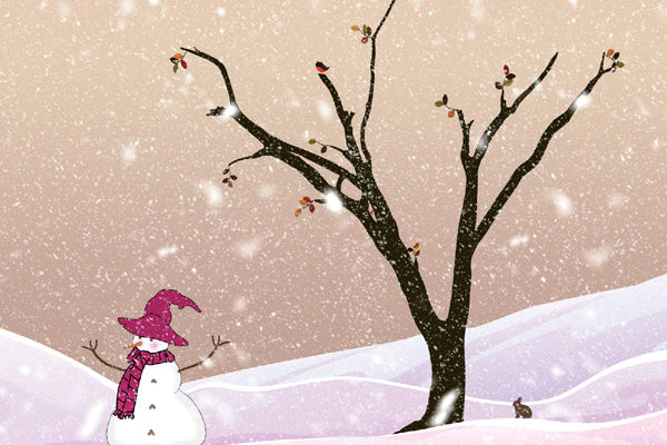 Snowman with a pink hat and scarf standing next to a tree in a snowy landscape.