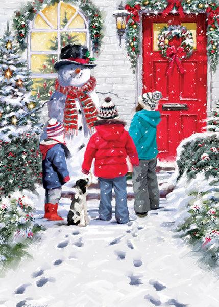 Children and a dog looking at a snowman in front of a red door with Christmas decorations.