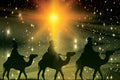 Silhouettes of three wise men on camels with a bright star in the sky