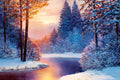 Winter landscape with snow-covered trees and a river at sunset.