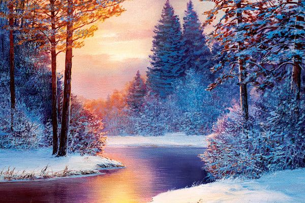 Winter landscape with snow-covered trees and a river at sunset.