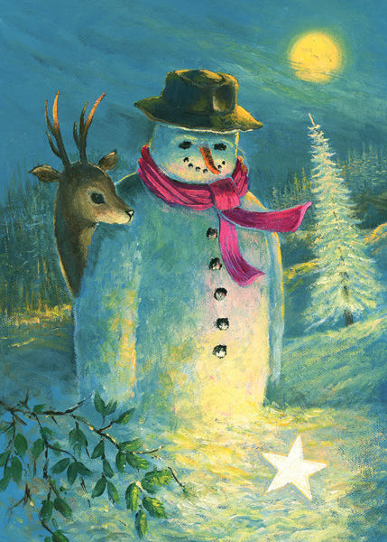 Snowman with a pink scarf and a deer in a nighttime forest scene
