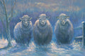 Three sheep standing in a snowy landscape with a fence and bare trees in the background.